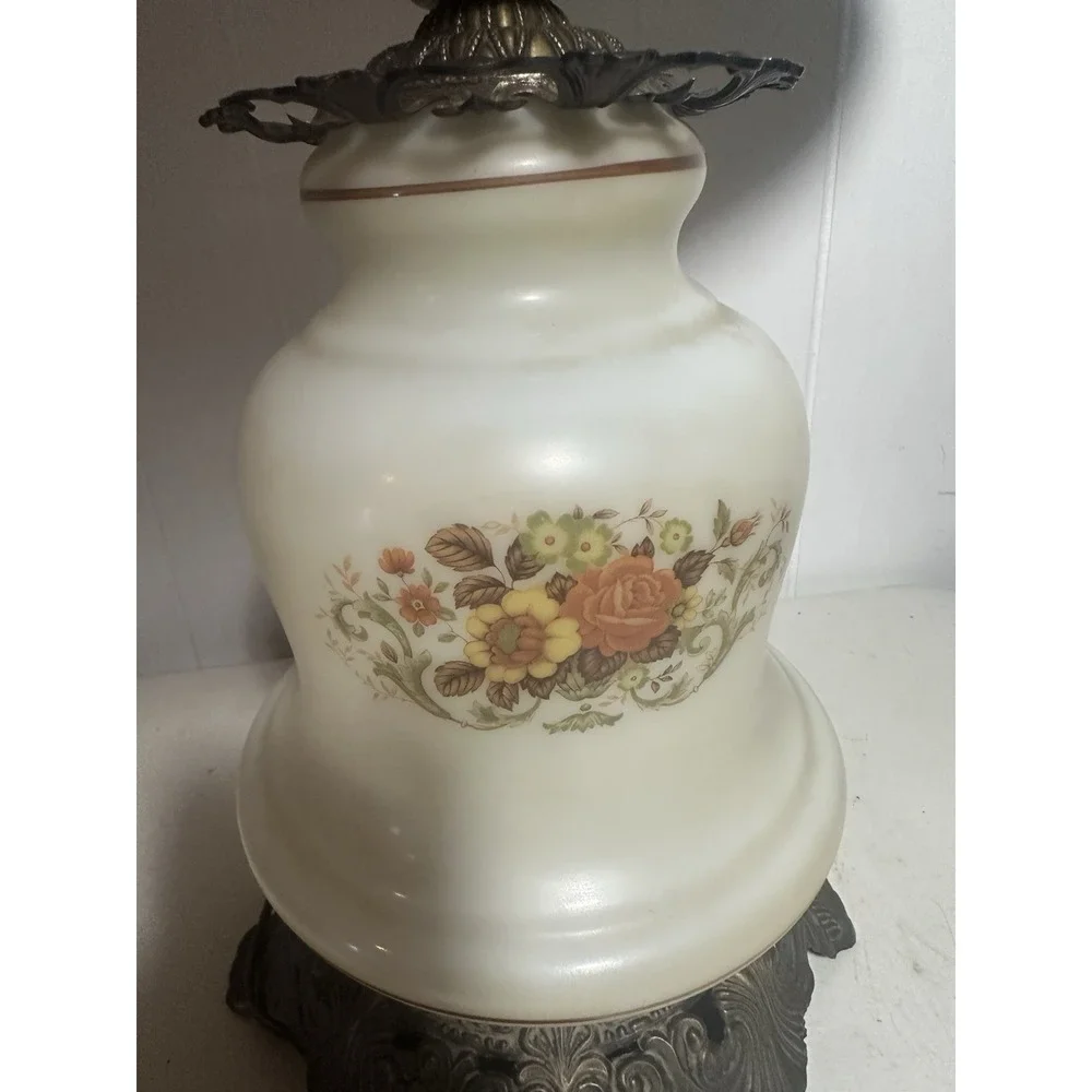VTG 70s GWTW Hurricane Parlor Lamp Milk Glass Floral Rose Ruffled Shade 3-Way